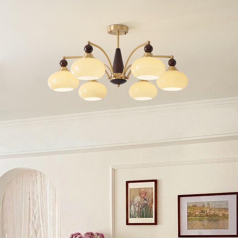 中古奶油风客厅吊灯日式胡桃木色复古创意实木柿子玻璃餐厅卧室灯