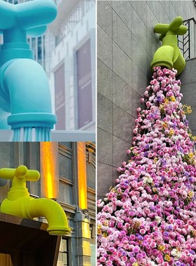 网红仿真水龙头鲜花瀑布摆件户外商场店铺门头引流打卡背景墙装饰