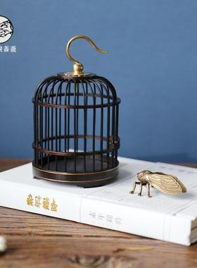 新中式禅意木质金属迷你小鸟笼子茶室茶桌复古风软装饰品托盘摆件