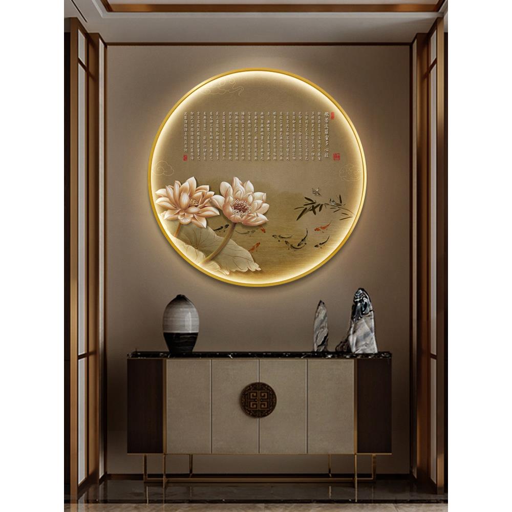 禅意心经装饰画新中式圆形玄关挂画荷花佛堂带灯壁画茶室背景墙画图片