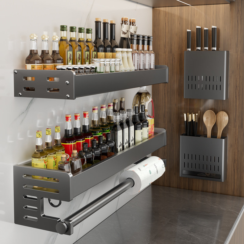 枪灰厨房置物架调料架免打孔筷子筒刀架多功能用品大全壁挂式收纳