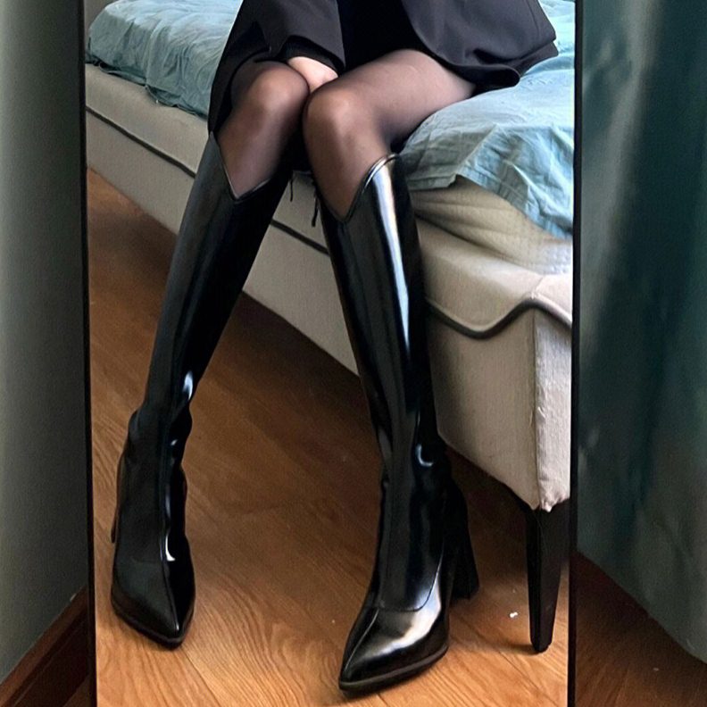 长显粗跟腿v！显瘦不长筒靴女2022过膝新款年长靴小个子口腿尖头