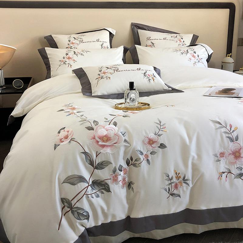 新中式花卉清新长绒棉四件套全棉100纯棉刺绣全棉被套感床上用品