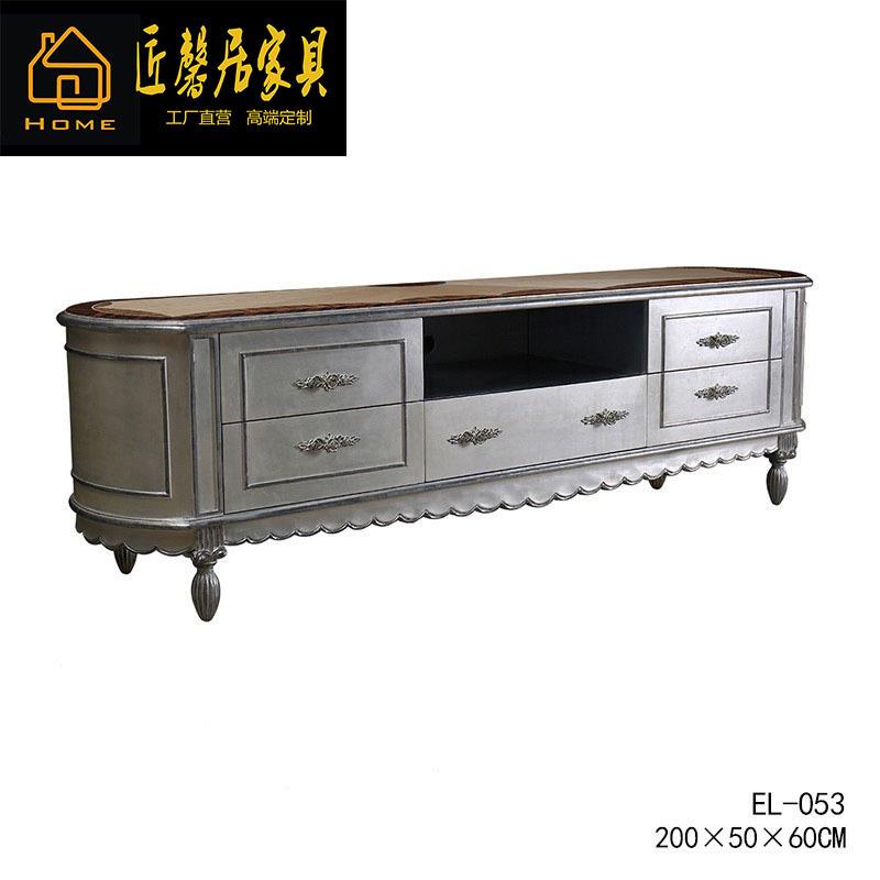 法式桦木雕刻贴银箔银色波浪边长柜电视柜客厅家具