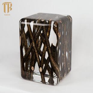 碳烧古银木条圆角边几透明水晶原木茶凳摆件亚克力软装坐凳木墩椅