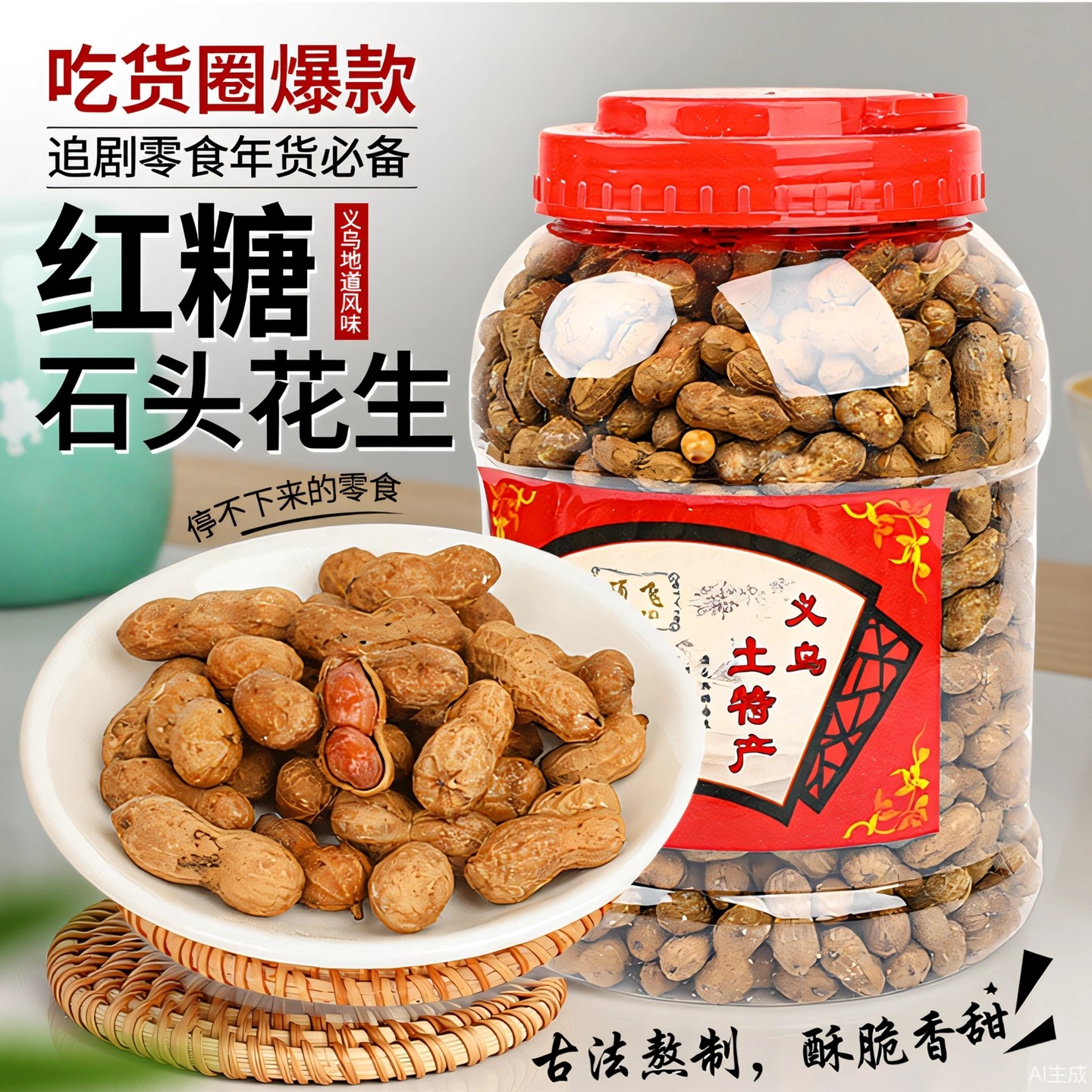 红糖焦糖花生核桃铁皮特产网红石头糖果带硬壳烤农家零食甜味美食