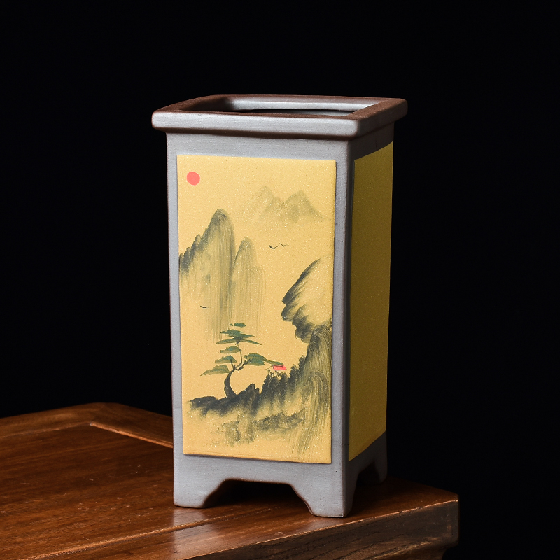 中国风手绘紫砂花盆陶瓷兰花专用盆景高款飘枝造景四方大号绿植