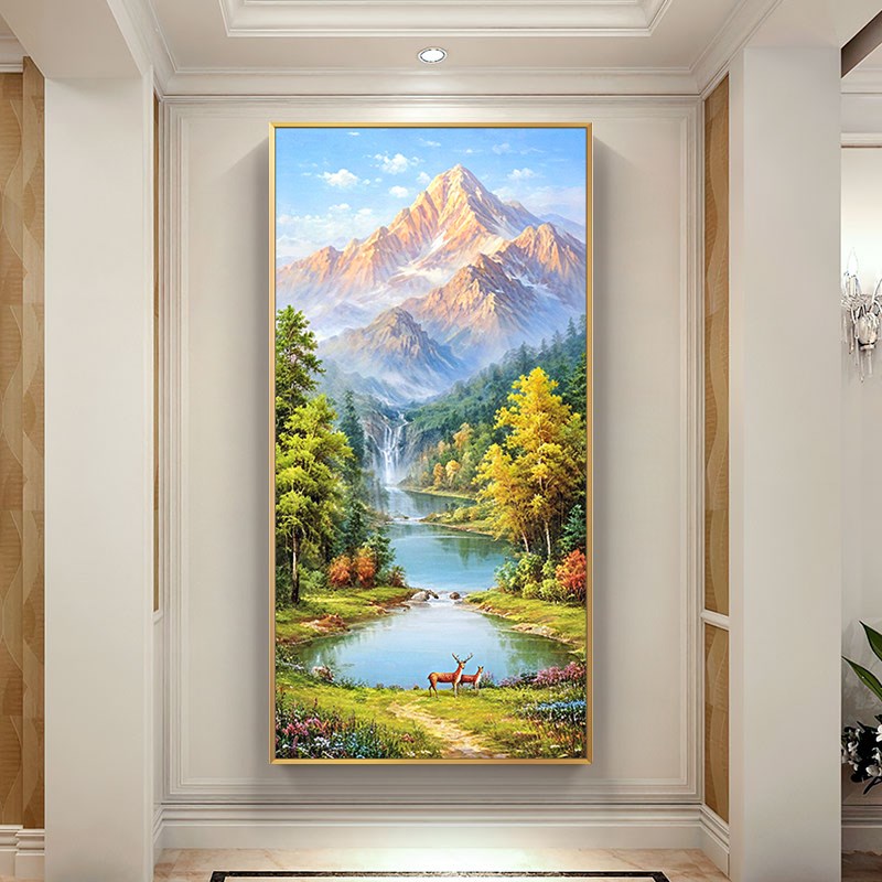 手绘风景油画金山聚宝盆装饰画福鹿相伴玄关竖版壁画高山流水挂画图片