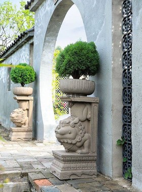 知饰仿石狮子摆件石雕门墩抱鼓石一对户外庭院造景布置花园装饰
