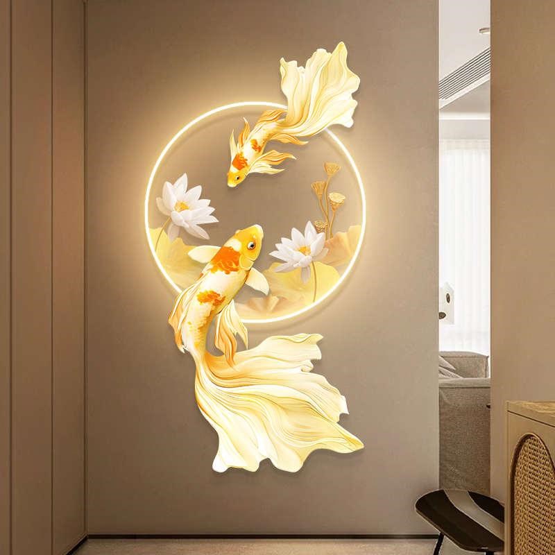 新中式荷花锦鲤入玄关装饰画个性客厅挂画走廊过道餐厅氛围灯壁画图片