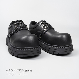 休闲皮鞋男厚底增高德比鞋黑色圆头链条装饰高街青年通勤潮鞋男鞋