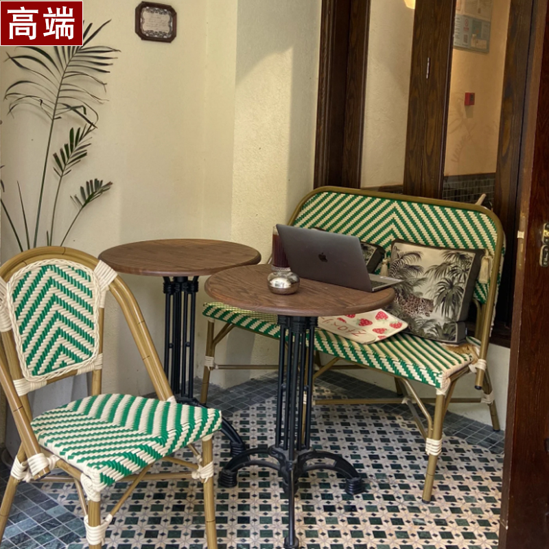 室外咖啡厅藤编餐椅子户外阳台网红酒店茶餐厅复古法式餐桌椅单人