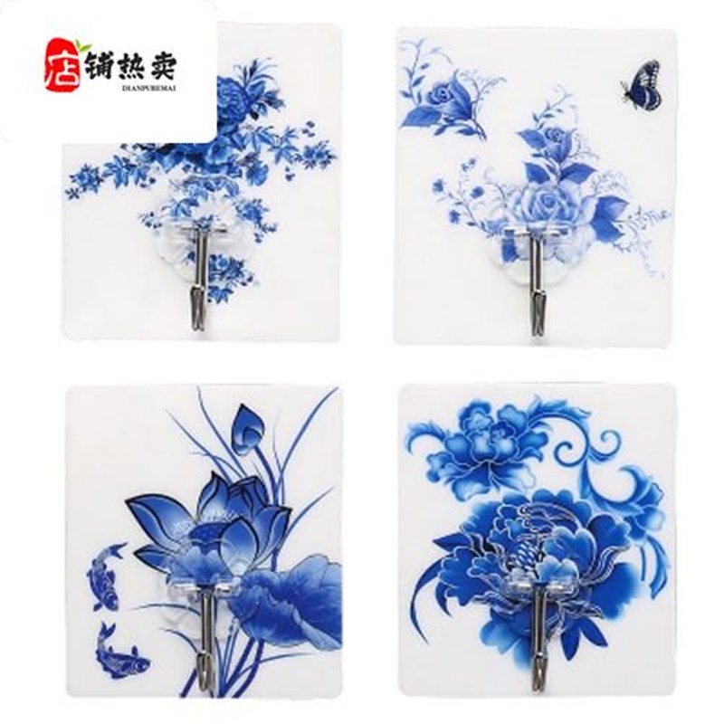 墙贴青花瓷画强力粘钩卧室墙壁装饰入户厨房宿舍自粘贴纸收纳挂钩图片