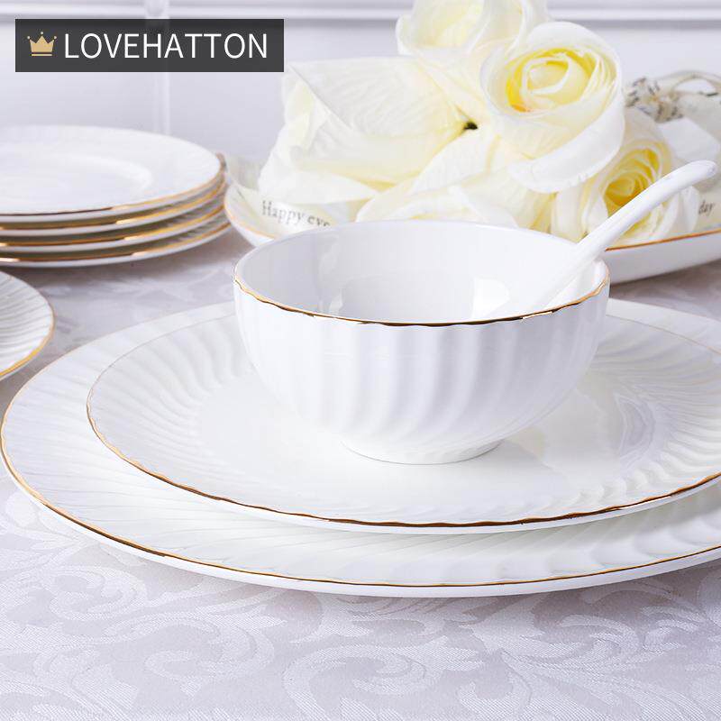 爱哈顿西式简约家用碗碟套装骨瓷餐具碗盘金边浮雕品锅套装