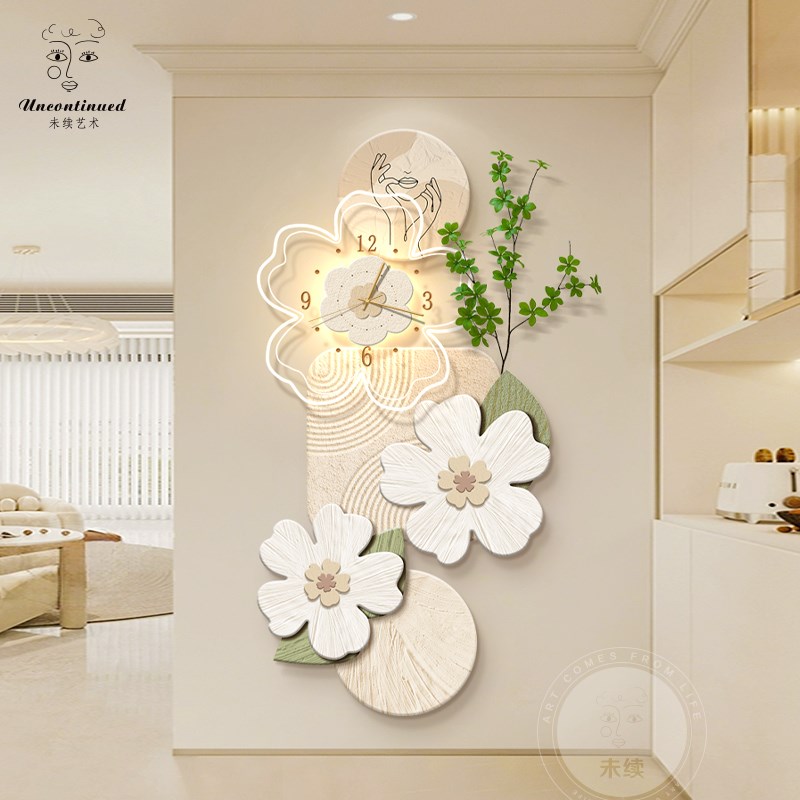 北欧奶油风入户玄关装饰画花卉走廊过道带时钟挂画客厅绿植壁灯画图片