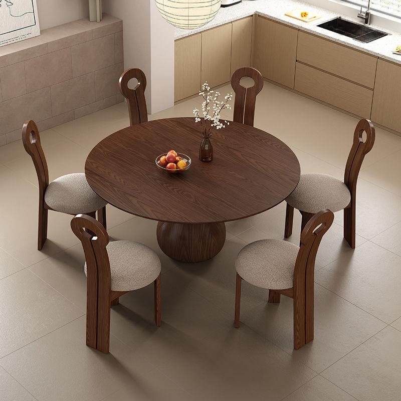 设计师圆形转盘饭桌组合餐桌椅复古胡桃木色圆桌白蜡木家用小户型