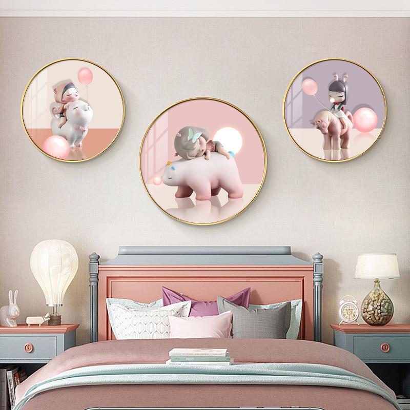 现代北欧儿童房挂画卧室画粉色圆形装饰画卡通男孩女孩房间床头画图片