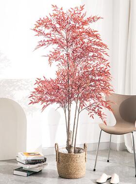 仿真绿植红色南天竹客厅橱窗落地绿色南天竹盆栽仿真树假树盆景