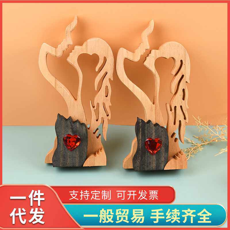 天使情侣木质万圣节仿真雕像小摆件工艺品人物家居福禄寿潮玩雕刻