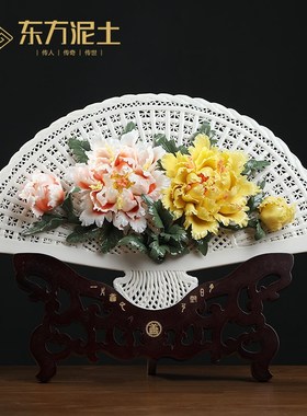 东方泥土中式手工捏花扇子摆件客厅玄关桌面酒店样板间软装