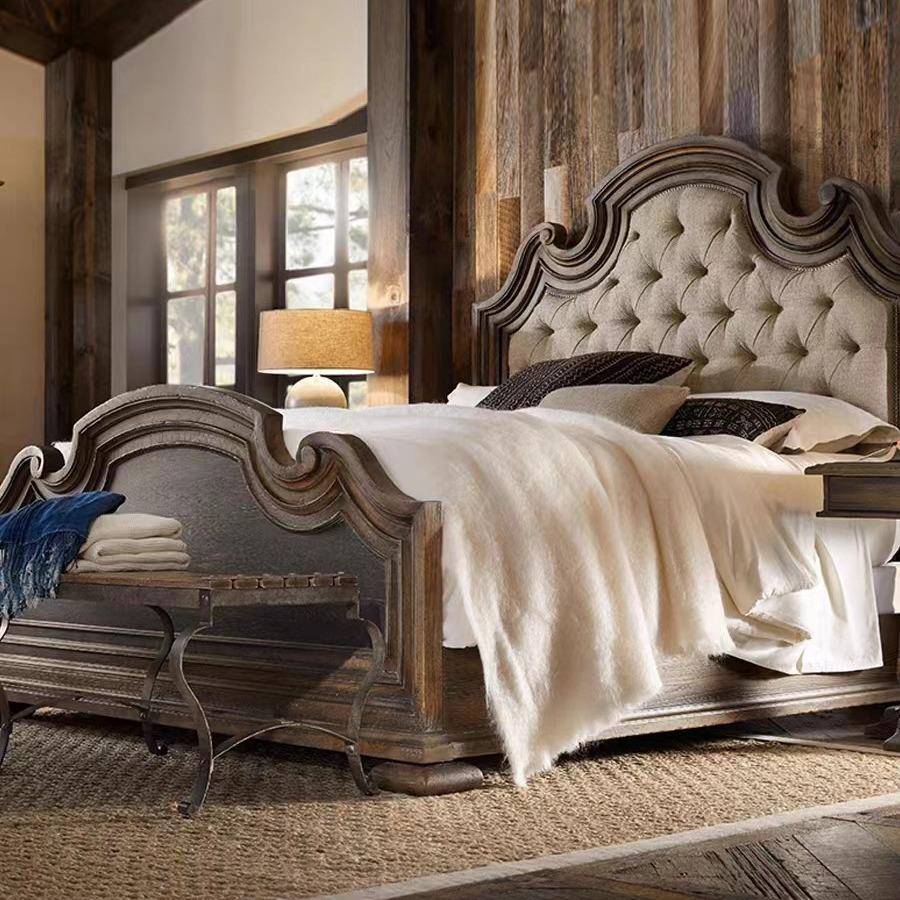 美式轻奢橡木实木床法式乡村复古做旧1.51.8米双人床床头柜家具