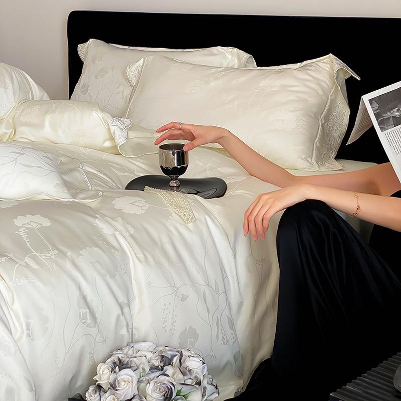 高端轻奢风120支天丝棉四件套花边蕾丝提花被套丝滑透气四季可用