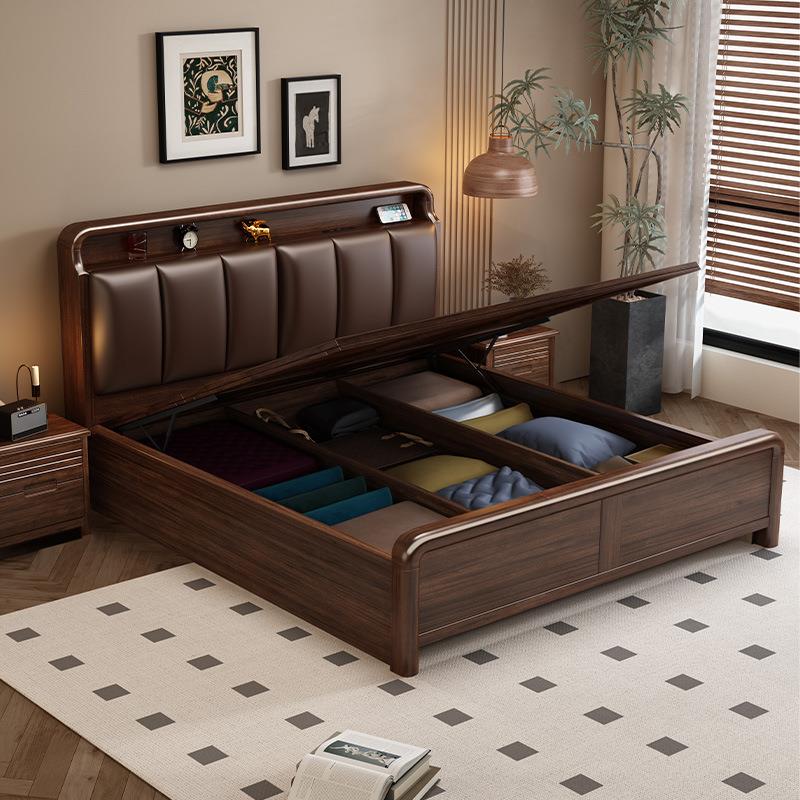 胡桃木实木软包储物床1.8x2米主卧双人大床现代简约中式轻奢婚床