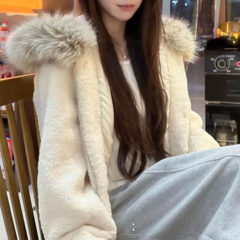 大毛领短款棉服女2026冬季新款拉链闭合口袋装饰收口长袖外套