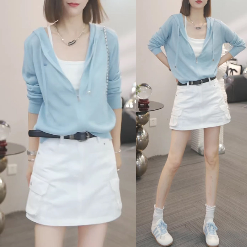 糖果色双拉链薄款连帽防晒针织衫女2026夏季时尚百搭防晒开衫外套