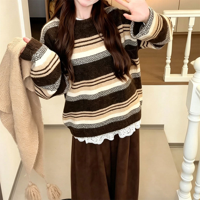 流苏毛球围巾毛衣女2026冬季新款横条纹落肩袖罗纹收口套头上衣