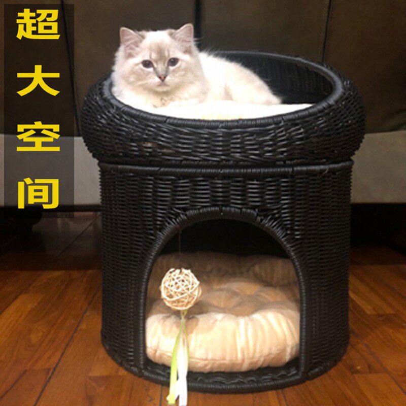 猫式四季通用封闭窝夏季双层可床别墅猫房子狗窝猫爬架猫拆洗藤编