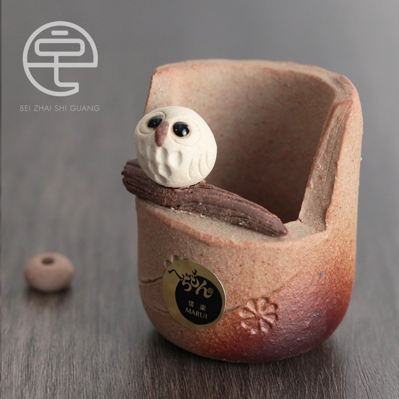 【信乐烧】信乐烧丸伊陶瓷猫头鹰粗陶香盘香立摆件