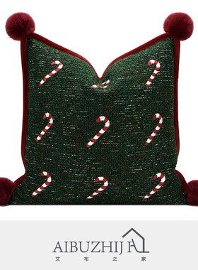 ns轻奢风儿童沙发样板现绿色圣诞图绣花抱枕床头靠垫