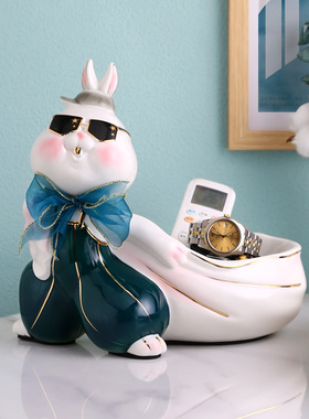陶瓷兔子客厅家居装饰品玄关进门口钥匙收纳摆件托盘轻奢开业礼物