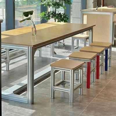 海洋板办公桌电脑桌会议桌子铝型材咖啡厅餐桌椅组合桦木凳子