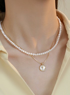 双层叠戴天然淡水珍珠项链女小众设计感玫瑰花吊坠颈链轻奢锁骨链