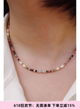 法式小众复古文艺彩色碧玺真石淡水米粒珍珠串珠短款细项链锁骨链