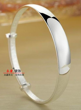 999纯银手镯女推拉开口可调节光面实心镯子银手镯亮面送闺蜜礼物