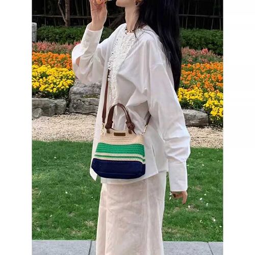 草编包手提包单肩撞色拼接针织斜挎小众设计感水桶包女时尚百搭