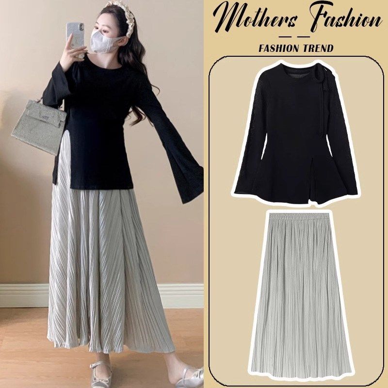 孕妇连衣裙套装春秋2025新款韩版黑色开叉针织上衣半身裙两件套女,孕妇装/孕产妇用品/营养,连衣裙,淘宝优惠券,粉丝福利购,淘宝优惠卷