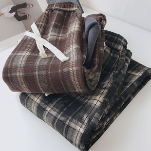 JU保暖加绒加厚格子裤女冬季宽松显瘦高腰直筒休闲宽裤拖地长裤