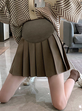 孕妇半身裙子秋冬时尚小个子韩版网红百褶a字托腹孕妇短裙怀孕期