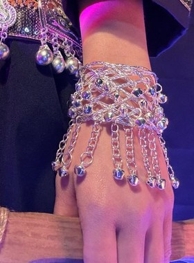 贵州苗族银饰开口手镯傣族手环臂环民族风儿童舞蹈演出铃铛配饰品