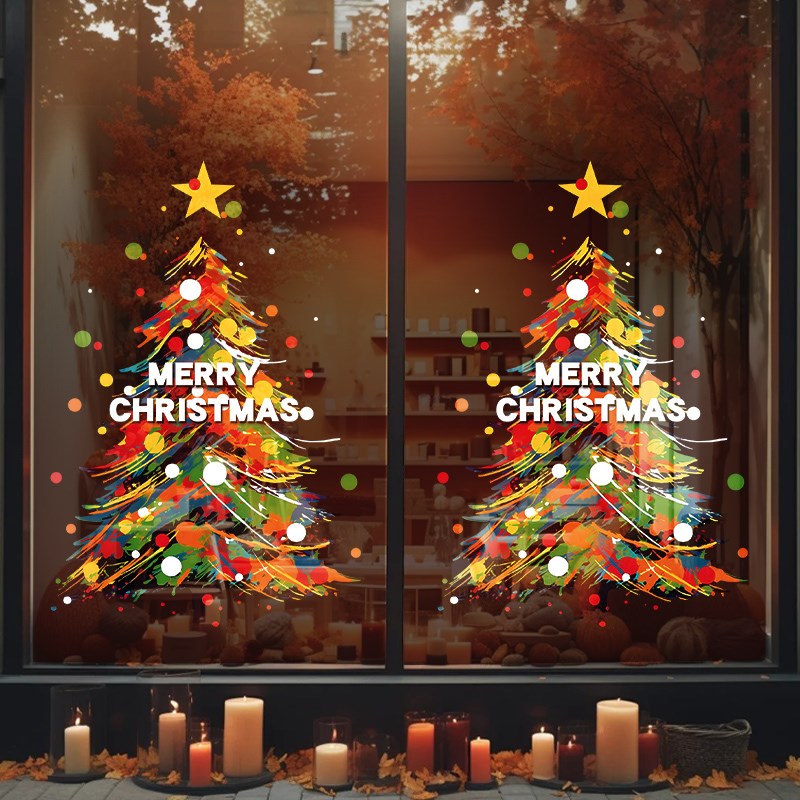 圣诞树节日装饰品静电玻璃门窗贴纸场景氛围布置扮橱窗户店铺商场