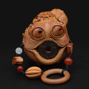 竹根雕老师孤品金蟾手把件铜钱蟾蜍文玩手捻收藏摆件把玩件