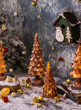 掬涵 琥珀色玻璃圣诞树发光桌面装饰圣诞摆件商场橱窗氛围小夜灯