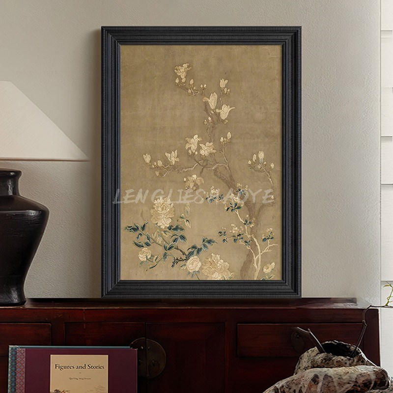 宋代美学法式客厅书房装饰挂画植物花卉中式复古餐厅玄关手绘油画图片