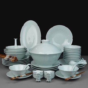 云影青宋韵花口餐具套装景德镇高白瓷碗饭碗面碗盘深盘轻奢高级感