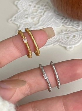 S925纯银布契风拉丝微镶钻套戒开口戒指叠戴ins小众设计百搭轻奢