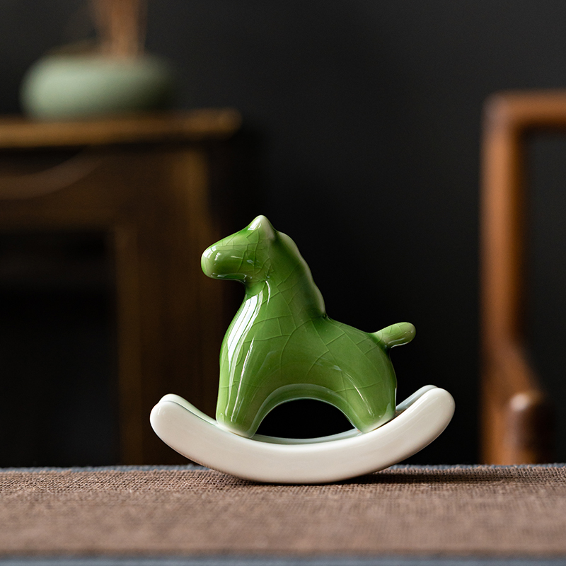 摇摇马陶瓷动物茶宠摆件开片冰裂精品可养创意茶室茶玩茶几装饰品